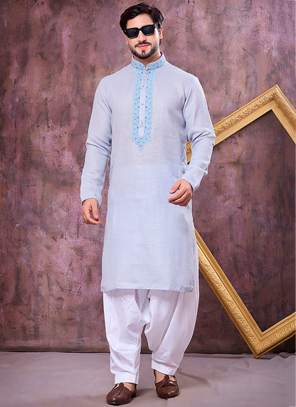 Sky Blue Linen Cotton Embroidery Work Occasional Wear Readymade Kurta Pajama SW187633