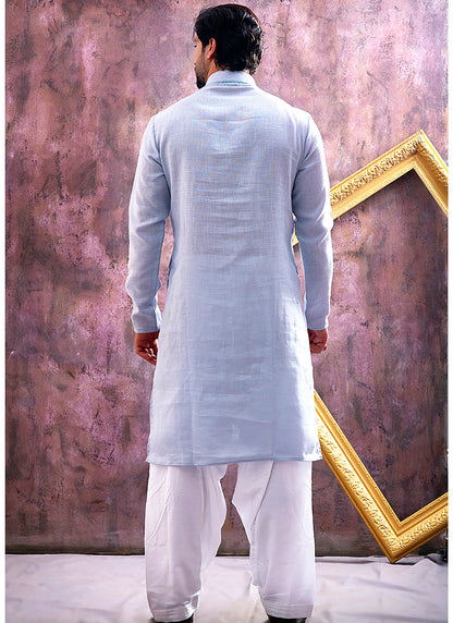 Sky Blue Linen Cotton Embroidery Work Occasional Wear Readymade Kurta Pajama SW187633