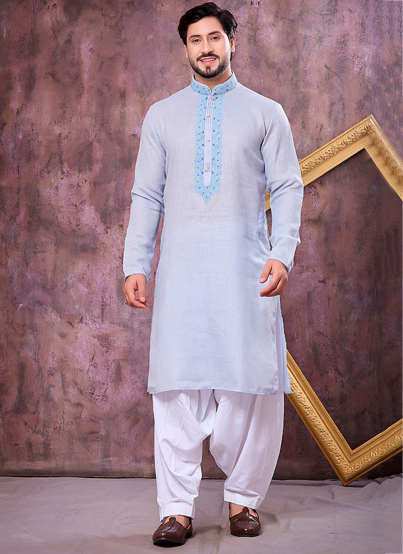 Sky Blue Linen Cotton Embroidery Work Occasional Wear Readymade Kurta Pajama SW187633