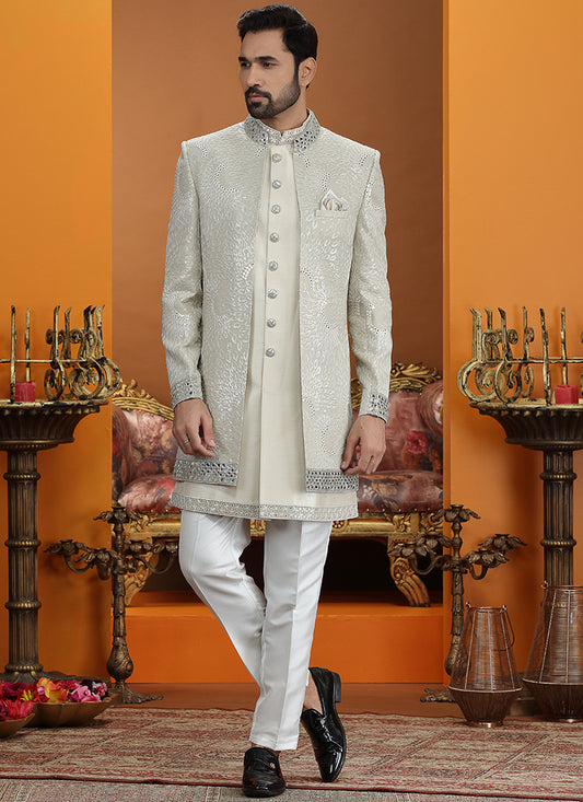 Sage Green Art Silk Computer Thread Work Wedding Wear Readymade Indowestern Sherwani SW978204