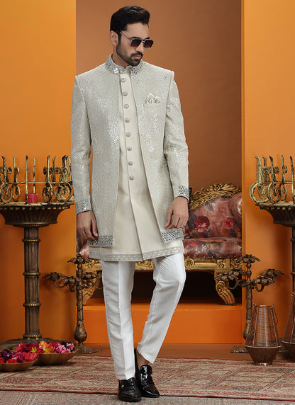 Sage Green Art Silk Computer Thread Work Wedding Wear Readymade Indowestern Sherwani SW978204