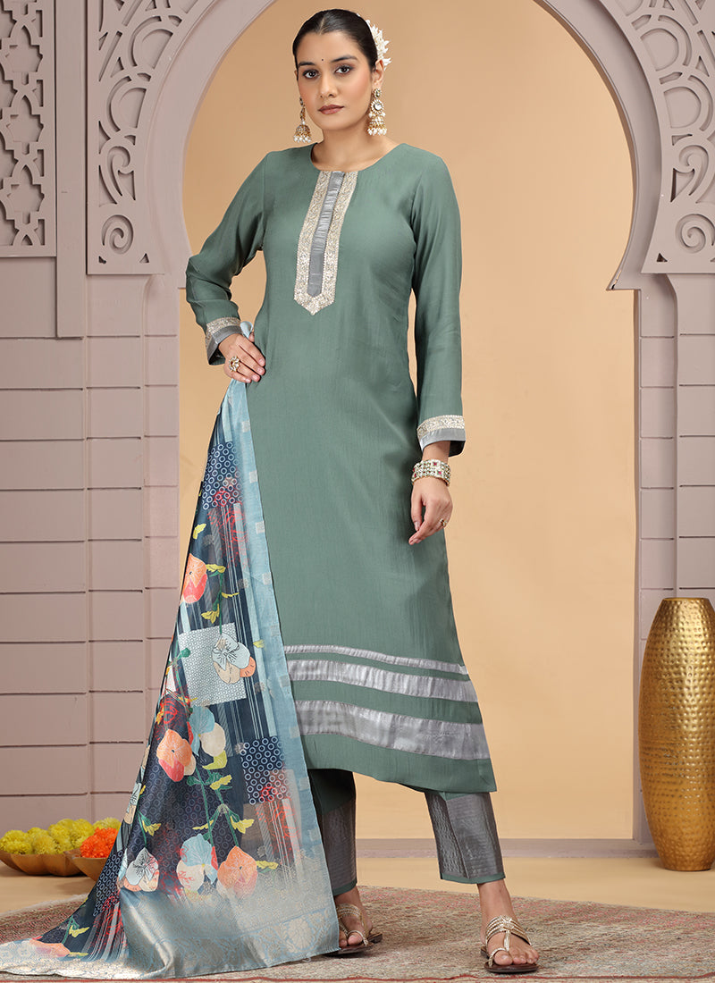 Chiffon Sage Green Festival Wear Pattern Pc Work Readymade Salwar Suit 386185