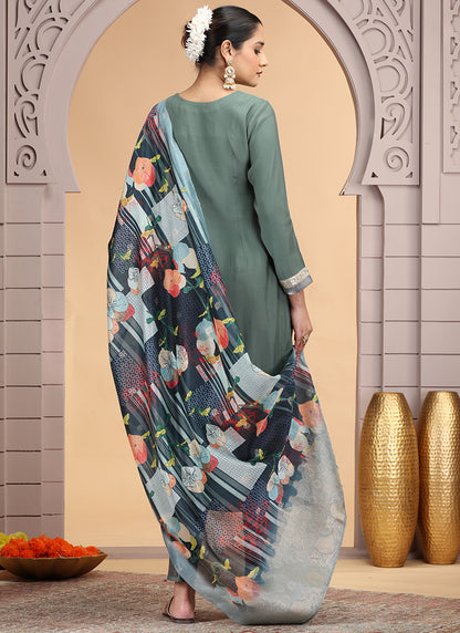 Chiffon Sage Green Festival Wear Pattern Pc Work Readymade Salwar Suit 386185