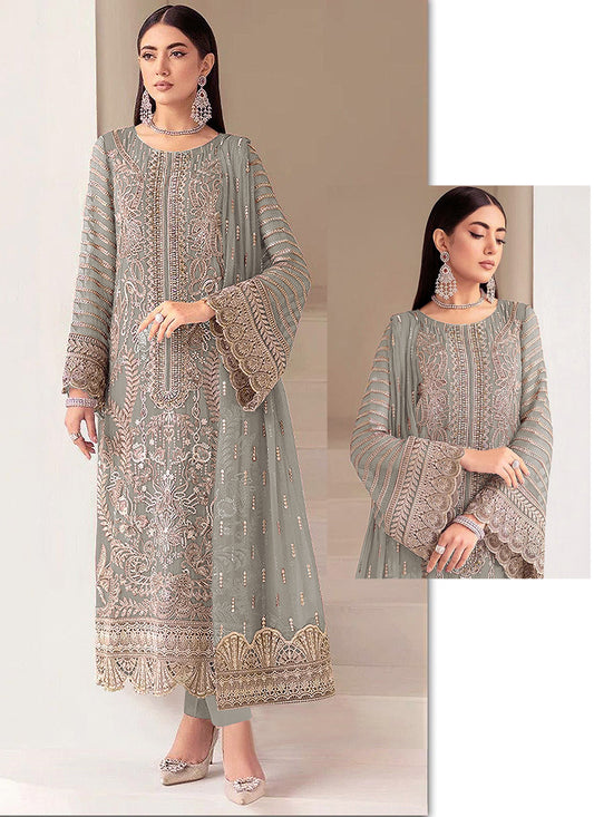 Faux Georgette Sage Green Eid Wear Zari Embroidery Work Pakistani Suit 388383