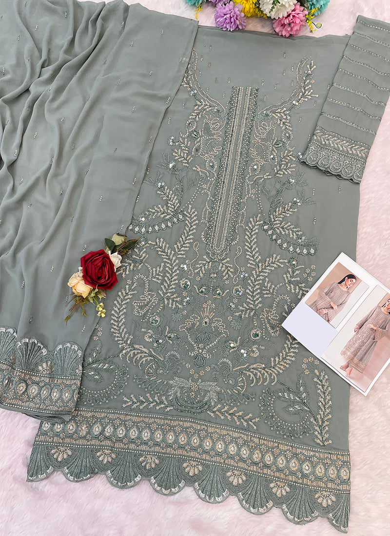 Faux Georgette Sage Green Eid Wear Zari Embroidery Work Pakistani Suit 388383