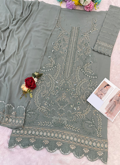 Faux Georgette Sage Green Eid Wear Zari Embroidery Work Pakistani Suit 388383