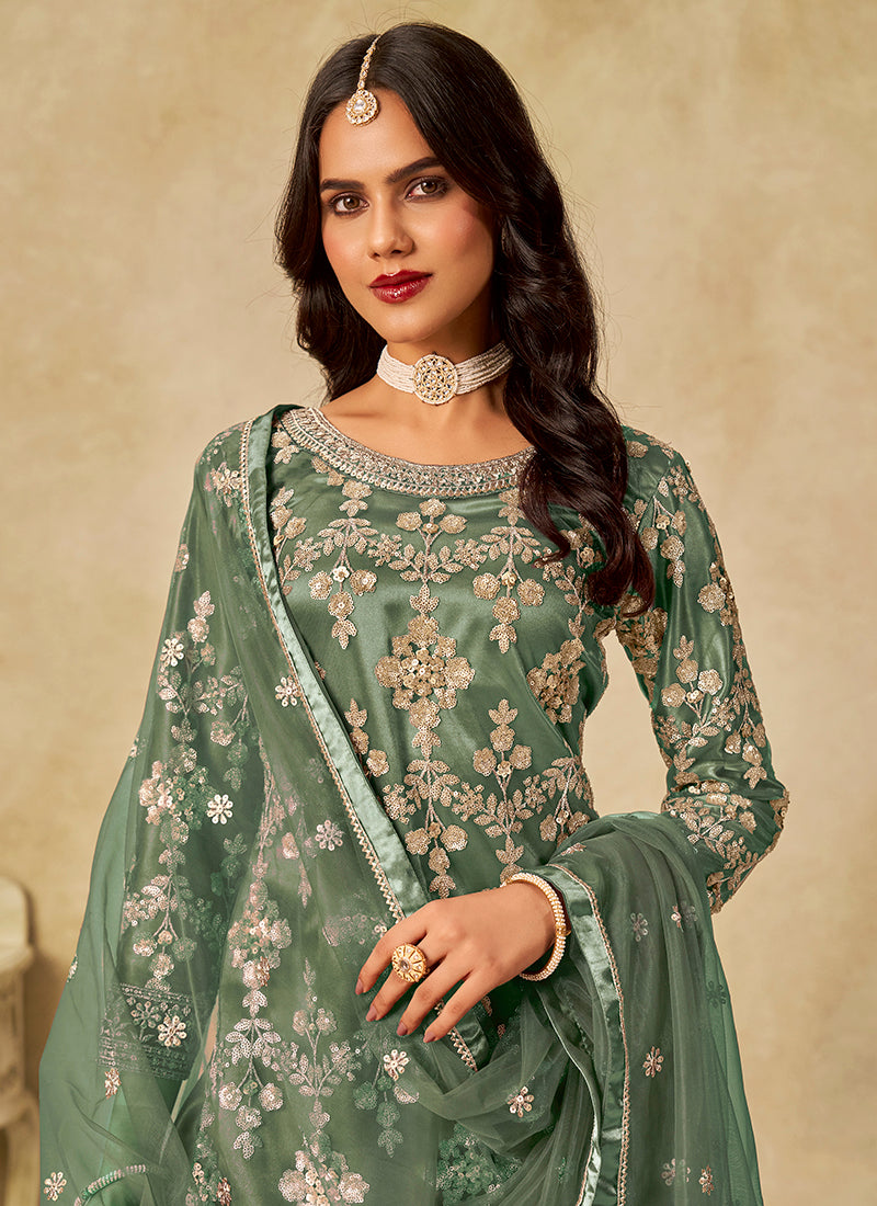 Net Sage Green Wedding Wear Embroidery Work Palazzo Suit 385170