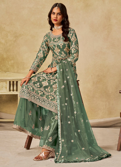 Net Sage Green Wedding Wear Embroidery Work Palazzo Suit 385170