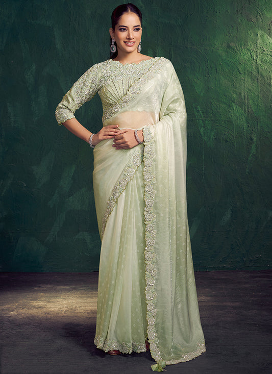 Sea Green Satin Beads Work Wedding Wear Saree SW583127
