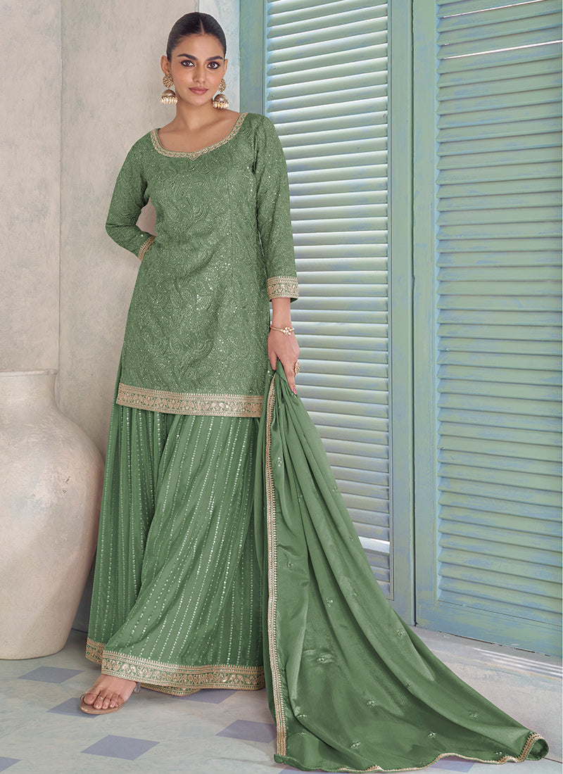 Sea Green Chinon Embroidery Work Wedding Wear Readymade Plazzo Suit SW803872
