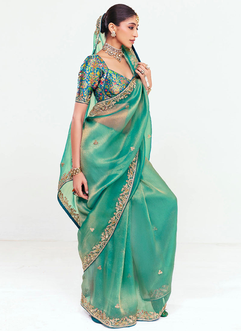 Sea Green Fancy Silk Border Work Wedding Wear Wedding Saree SW751551