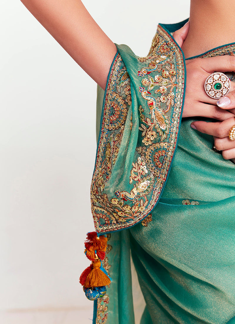 Sea Green Fancy Silk Border Work Wedding Wear Wedding Saree SW751551