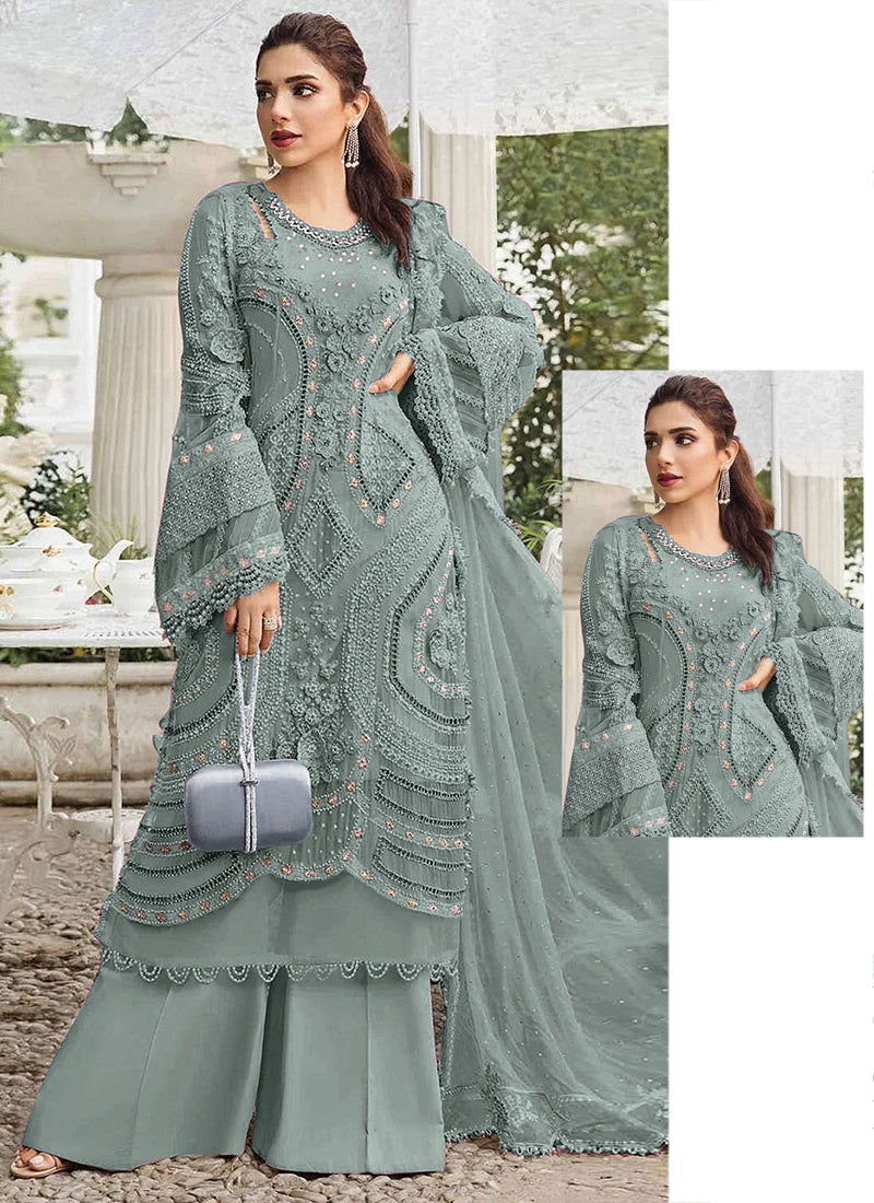 Faux Georgette Sea Green Eid Wear Embroidery Work Pakistani Suit 387660