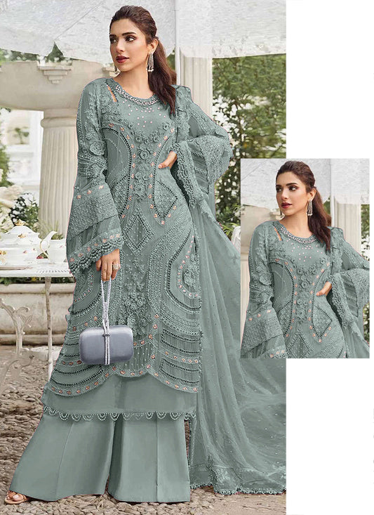 Faux Georgette Sea Green Eid Wear Embroidery Work Pakistani Suit 387660