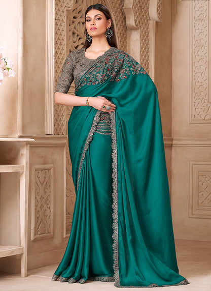 Satin Silk Sea Green Party Wear Embroidery Work Saree 385710