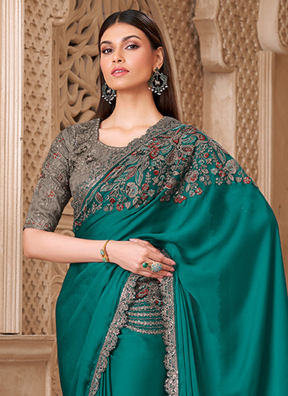 Satin Silk Sea Green Party Wear Embroidery Work Saree 385710