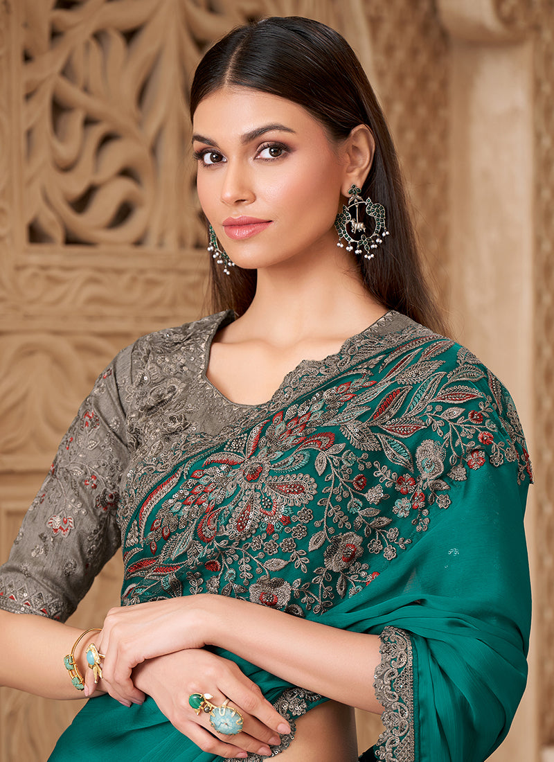 Satin Silk Sea Green Party Wear Embroidery Work Saree 385710