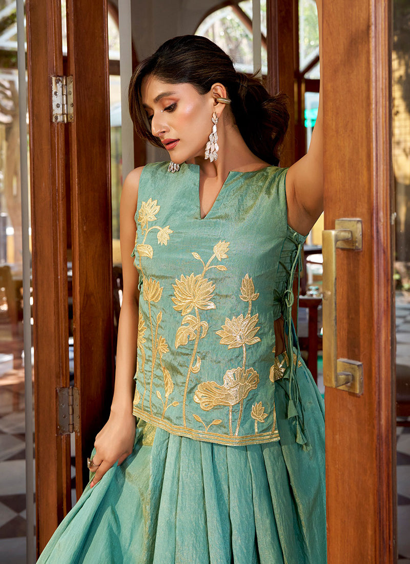 Sea Green Shimmer Zari Work Festival Wear Readymade Lehenga Choli SW736712