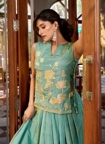 Sea Green Shimmer Zari Work Festival Wear Readymade Lehenga Choli SW736712