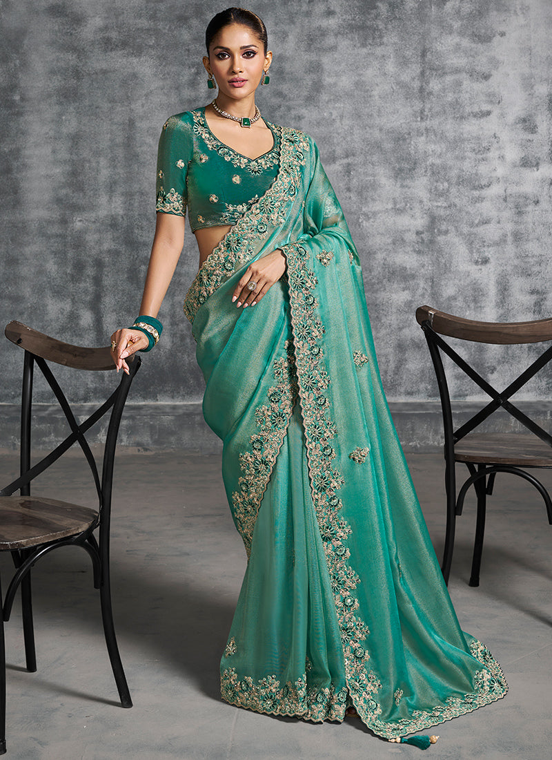 Silk Sea Green Saree with Embroidery Work for Wedding Wear 385008