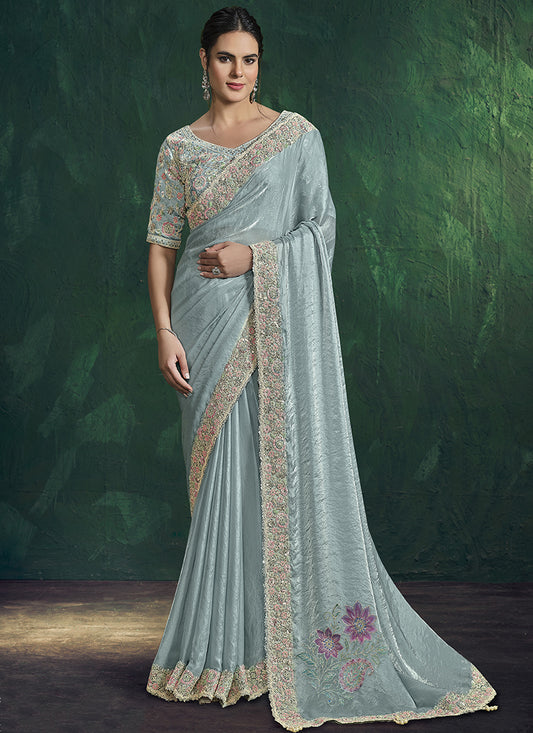 Sea Green Silk Hand Work Wedding Wear Saree SW647095