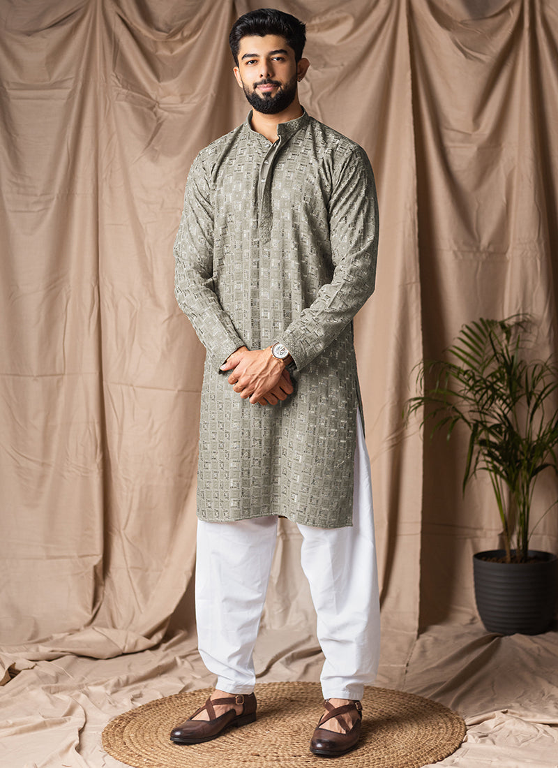 Silver Viscose Rayon Weaving Work Festival Wear Readymade Kurta Pajama SW543530