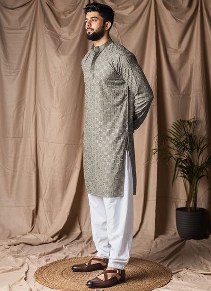 Silver Viscose Rayon Weaving Work Festival Wear Readymade Kurta Pajama SW543530