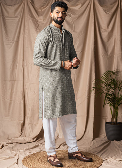 Silver Viscose Rayon Weaving Work Festival Wear Readymade Kurta Pajama SW543530