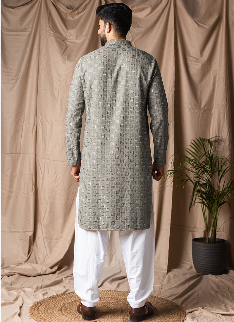 Silver Viscose Rayon Weaving Work Festival Wear Readymade Kurta Pajama SW543530