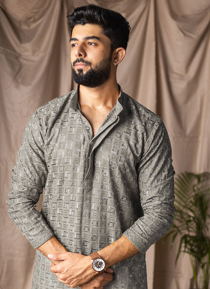 Silver Viscose Rayon Weaving Work Festival Wear Readymade Kurta Pajama SW543530