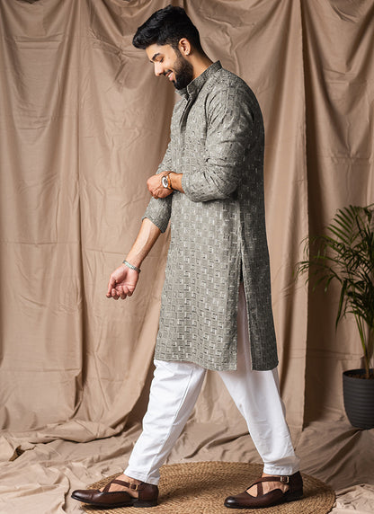 Silver Viscose Rayon Weaving Work Festival Wear Readymade Kurta Pajama SW543530