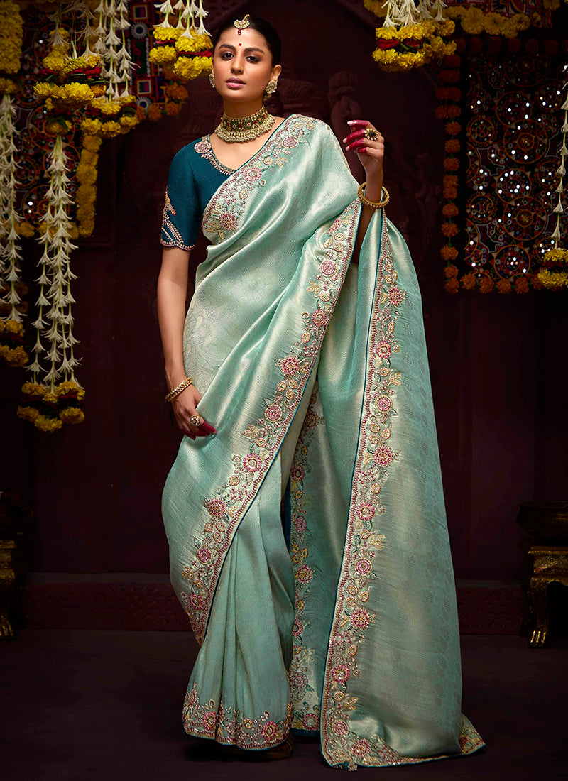 Sky Blue Kanjivaram Silk Sequins Work  Party Wear Saree SW299322