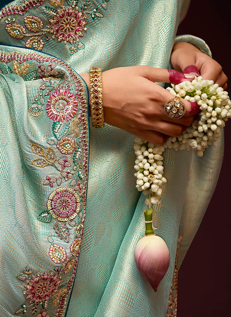 Sky Blue Kanjivaram Silk Sequins Work  Party Wear Saree SW299322
