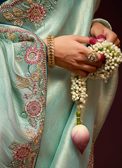 Sky Blue Kanjivaram Silk Sequins Work  Party Wear Saree SW299322