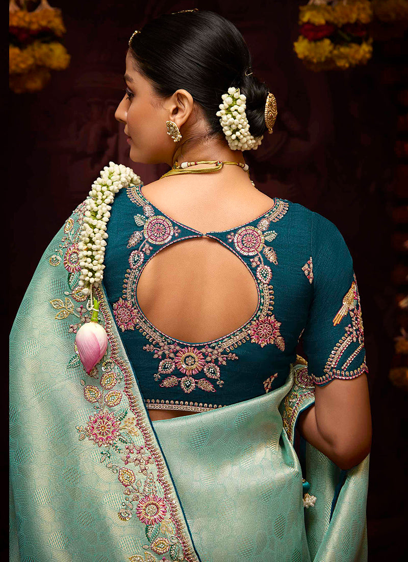 Sky Blue Kanjivaram Silk Sequins Work  Party Wear Saree SW299322