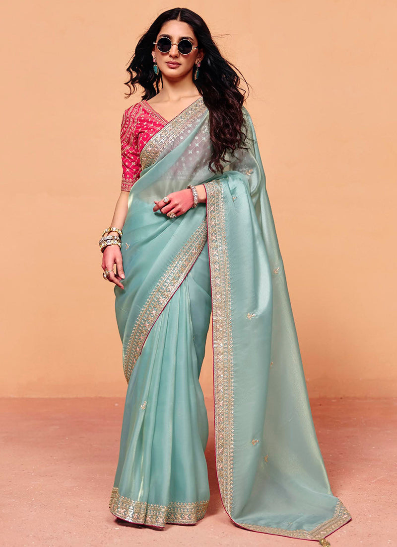 Sky Blue Organza Sequins Work  Party Wear Saree SW561764