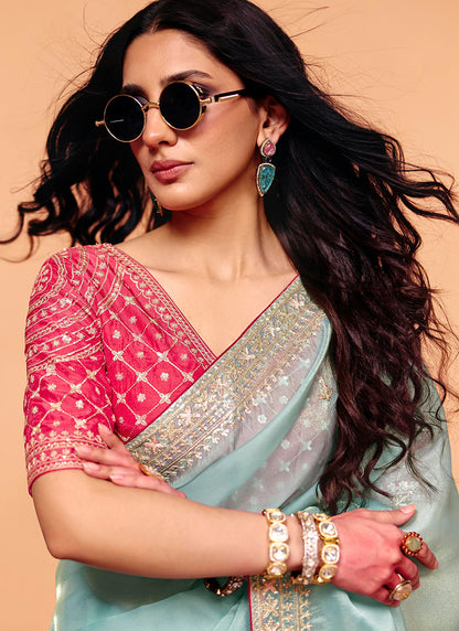 Sky Blue Organza Sequins Work  Party Wear Saree SW561764