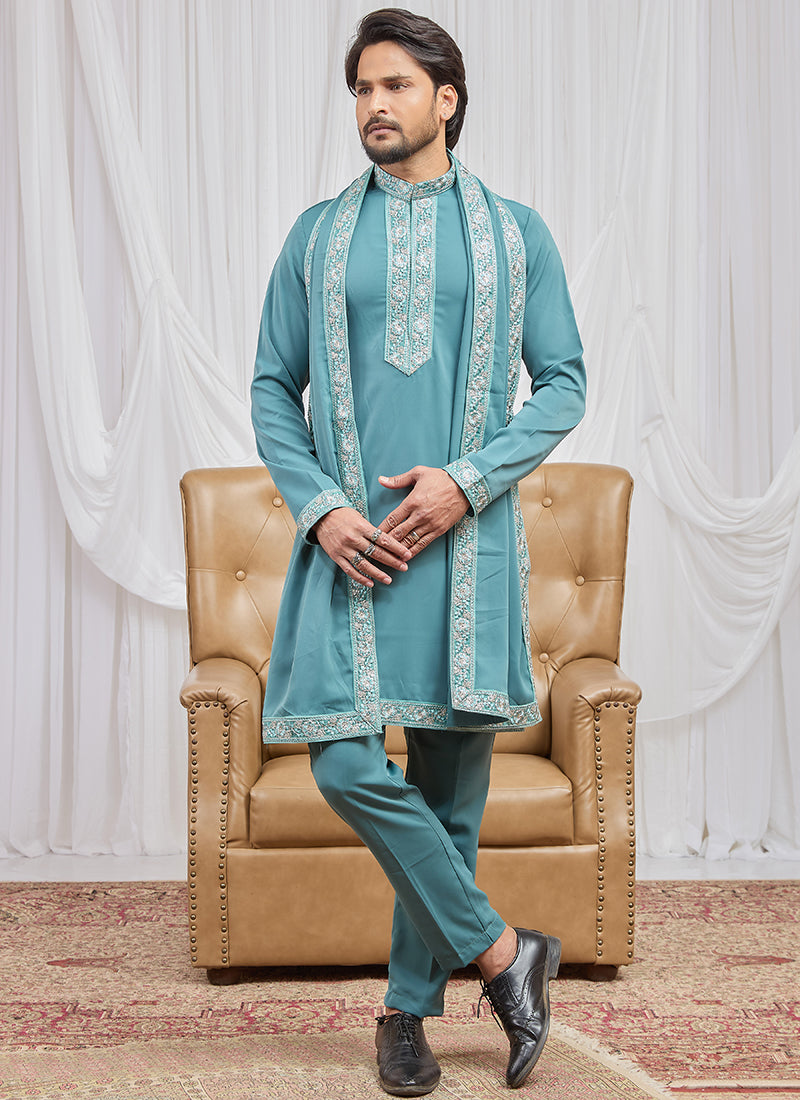 Sky Blue  Armani  Hand Work Occasional Wear Readymade Kurta Pajama SW483422