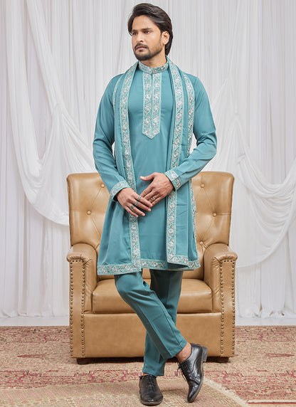 Sky Blue  Armani  Hand Work Occasional Wear Readymade Kurta Pajama SW483422