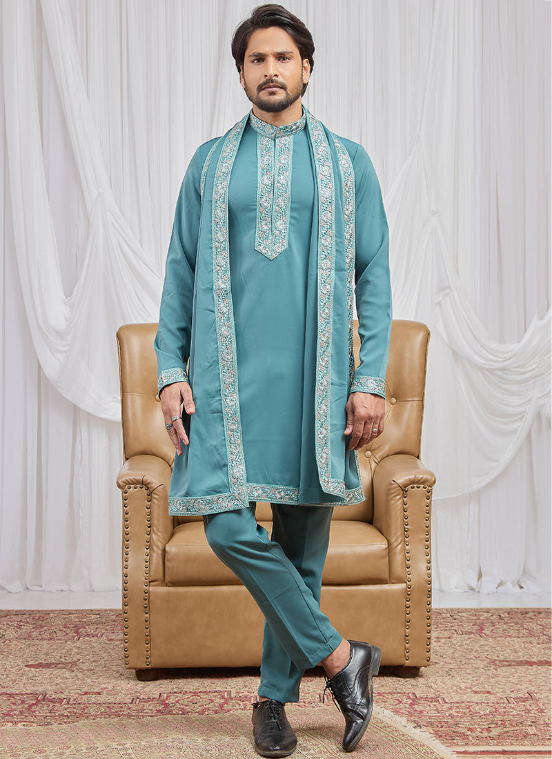Sky Blue  Armani  Hand Work Occasional Wear Readymade Kurta Pajama SW483422