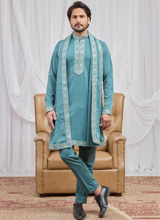 Sky Blue  Armani  Hand Work Occasional Wear Readymade Kurta Pajama SW483422