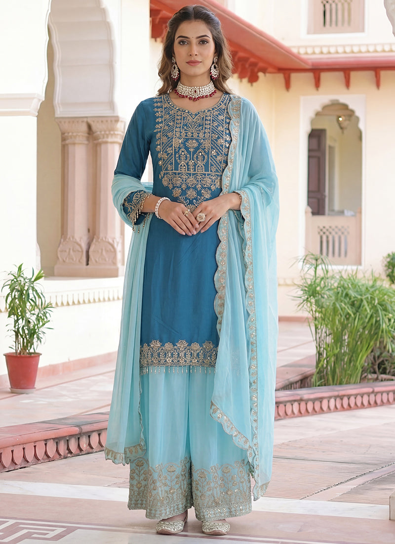 Sky Blue  Chinon Silk  Embroidery Work Party Wear Readymade Plazzo Suit SW860389