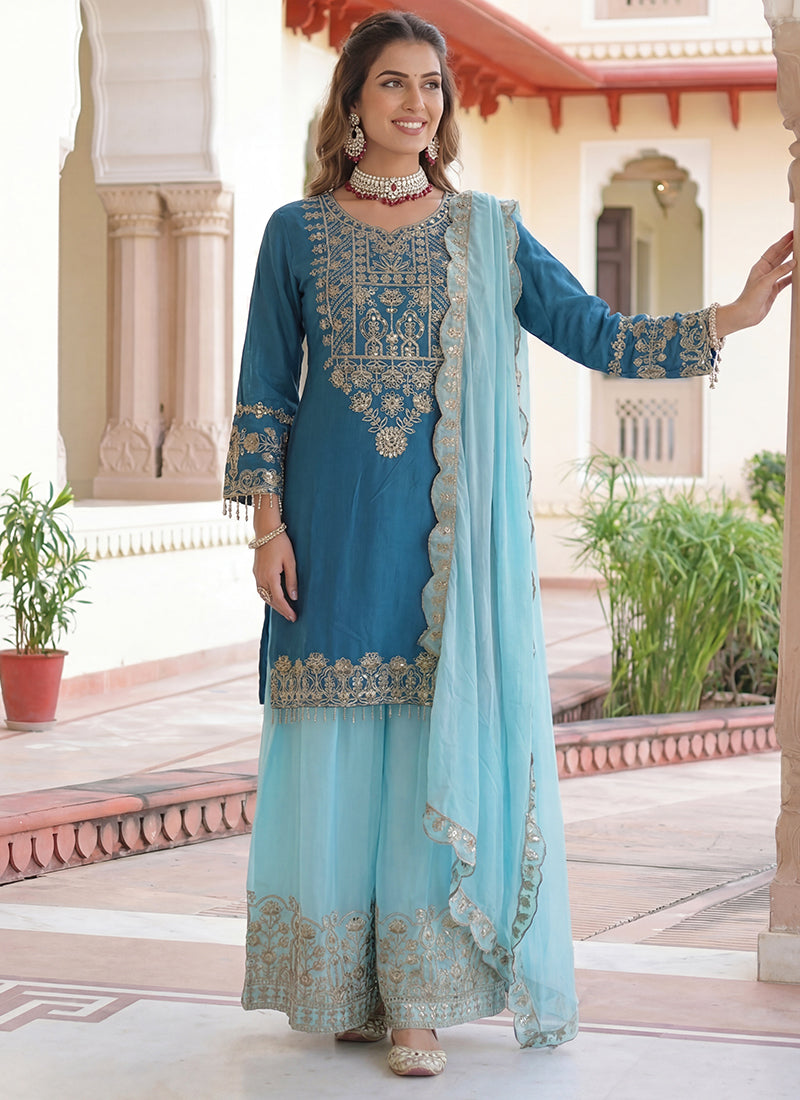 Sky Blue  Chinon Silk  Embroidery Work Party Wear Readymade Plazzo Suit SW860389