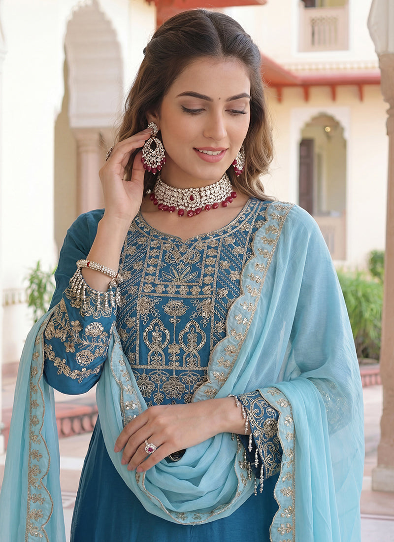Sky Blue  Chinon Silk  Embroidery Work Party Wear Readymade Plazzo Suit SW860389