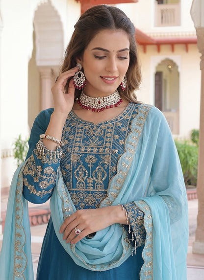 Sky Blue  Chinon Silk  Embroidery Work Party Wear Readymade Plazzo Suit SW860389