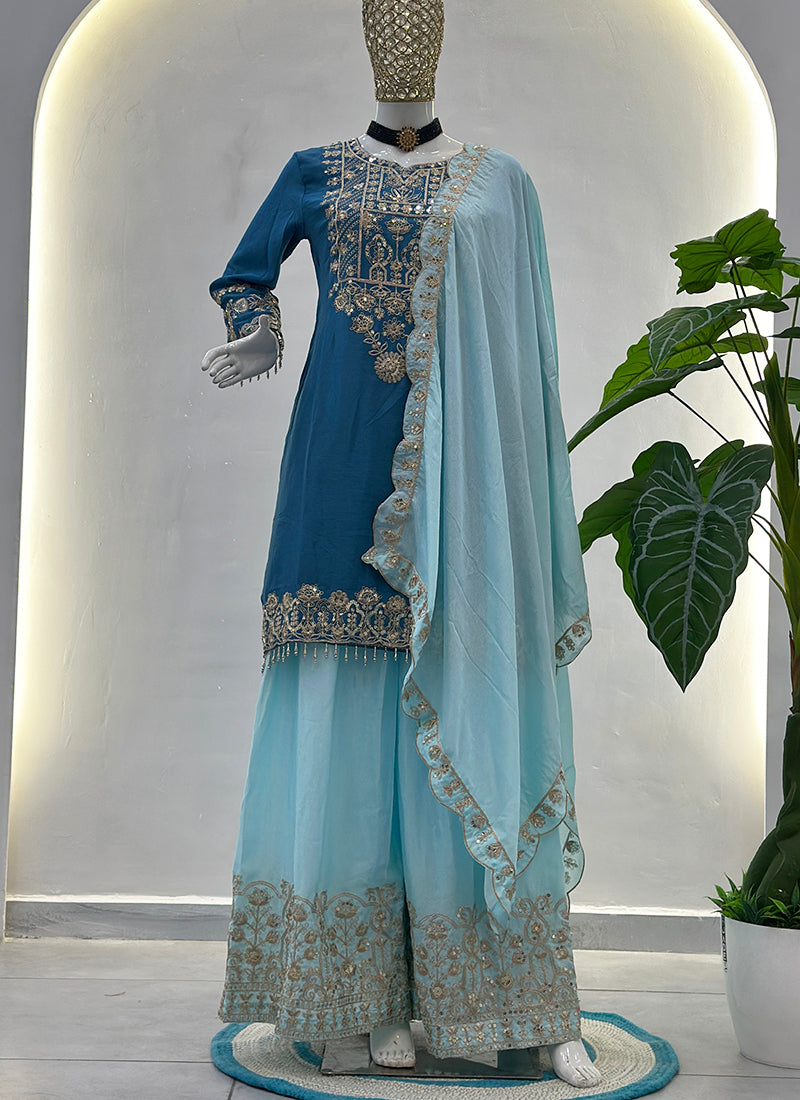 Sky Blue  Chinon Silk  Embroidery Work Party Wear Readymade Plazzo Suit SW860389