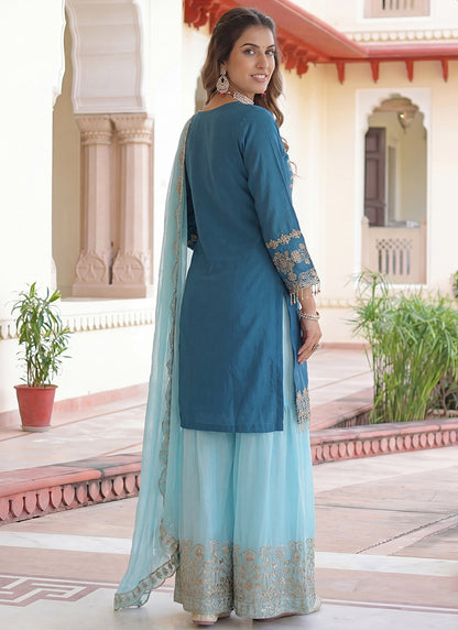 Sky Blue  Chinon Silk  Embroidery Work Party Wear Readymade Plazzo Suit SW860389