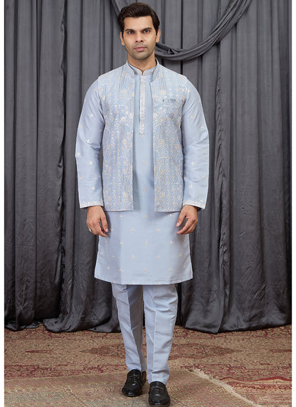 Sky Blue Art Banarasi Silk Patten Pcs Festival Wear Readymade Kurta Pajama With Jacket SW245656