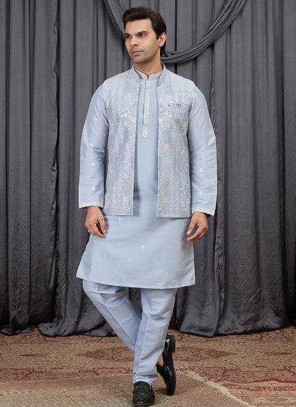 Sky Blue Art Banarasi Silk Patten Pcs Festival Wear Readymade Kurta Pajama With Jacket SW245656