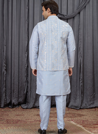 Sky Blue Art Banarasi Silk Patten Pcs Festival Wear Readymade Kurta Pajama With Jacket SW245656